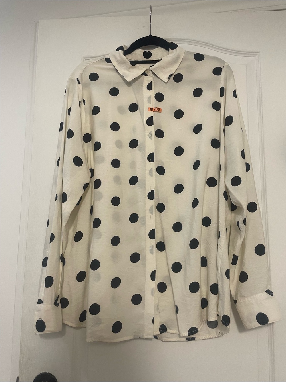 Cream Polka Dot Long-Sleeve Blouse, Size  XL
